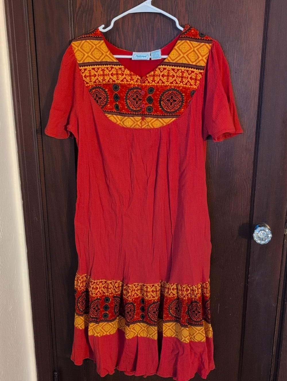 Boho-Style Red Midi Dress with Embroidered Yoke